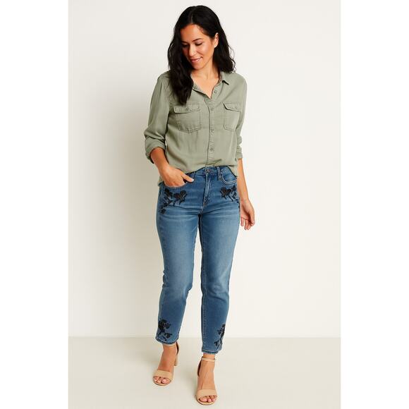 Lucky Brand Crop Jeans Women’s 2 Blue Denim Floral Embroidery Boho 27 Inseam - Picture 1 of 10